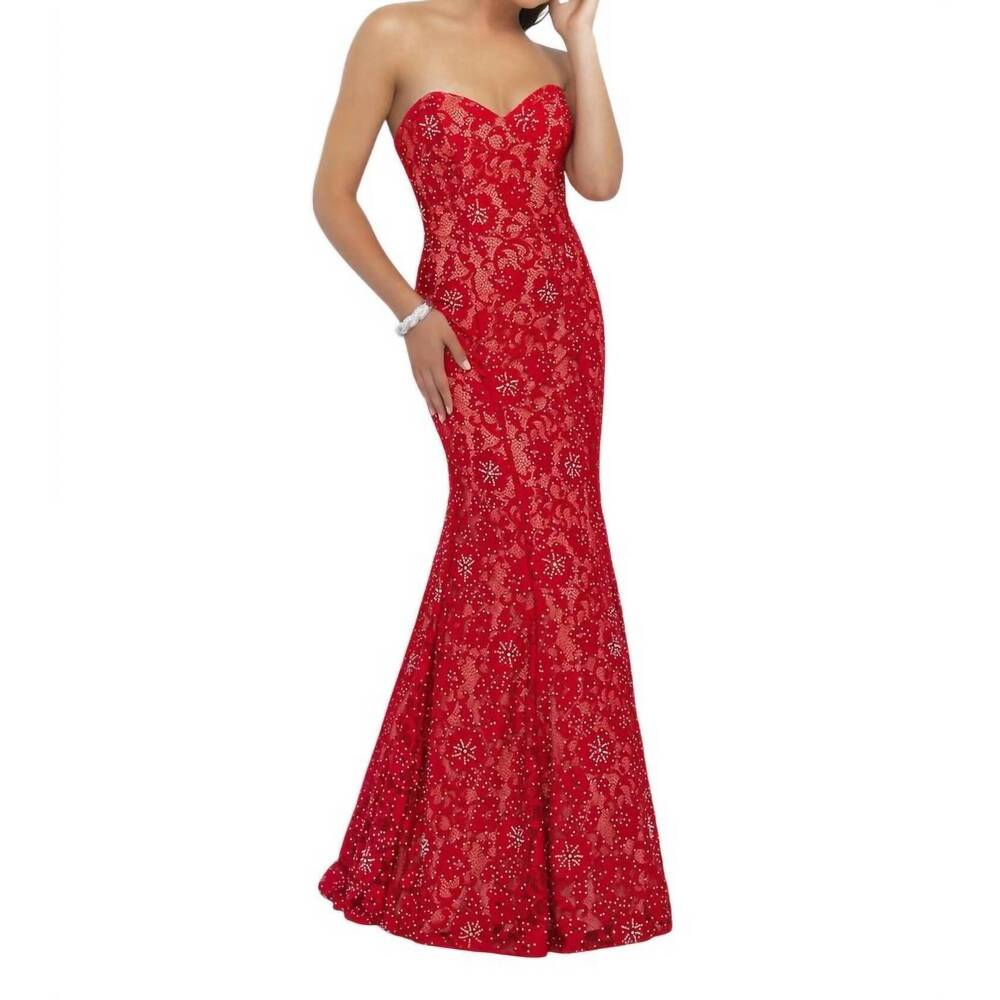NEW BLUSH PROM lace strapless mermaid gown in valentine/nude